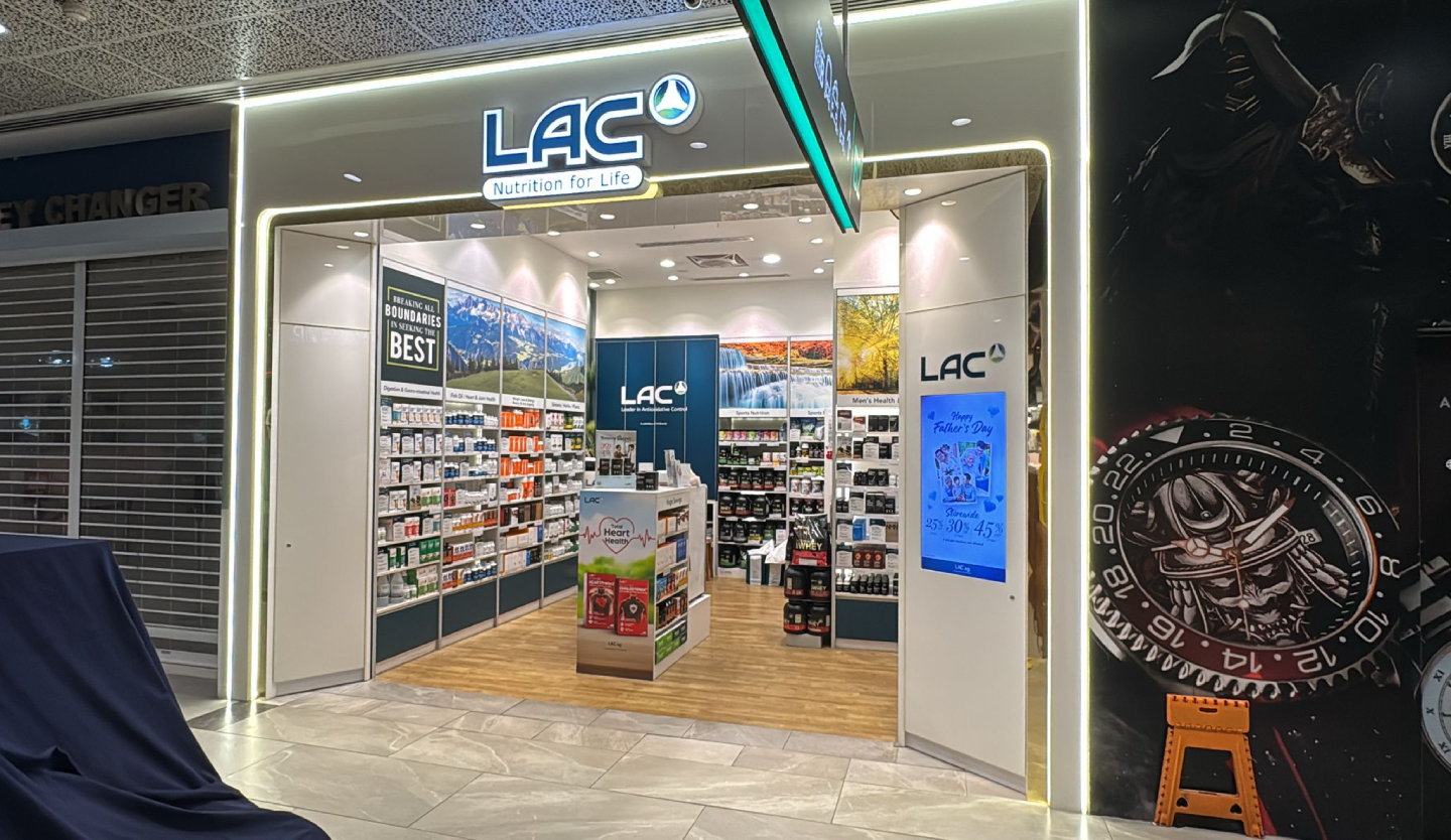 LAC Nutrition for Life retail store fit-out by Trident Fitout, shopfront with supplement shelving and a promotional display screen